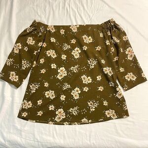 Charming Charlie’s Off the Shoulder Green Floral Top with Cream Flowers